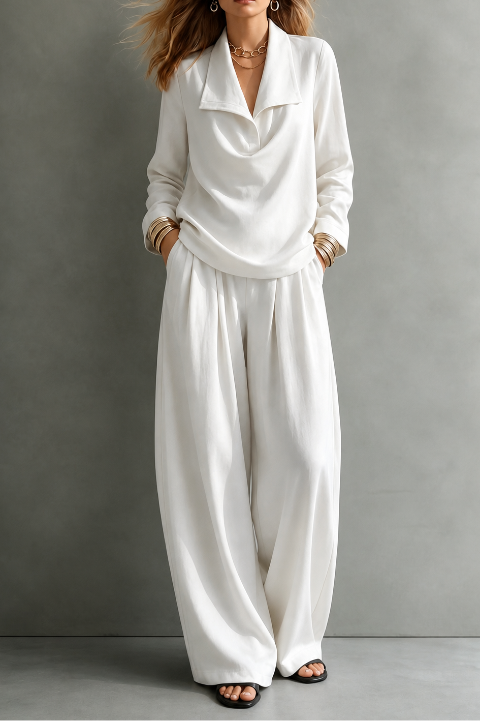 Completo da Donna con Top Drappeggiato sul Collo e Pantaloni