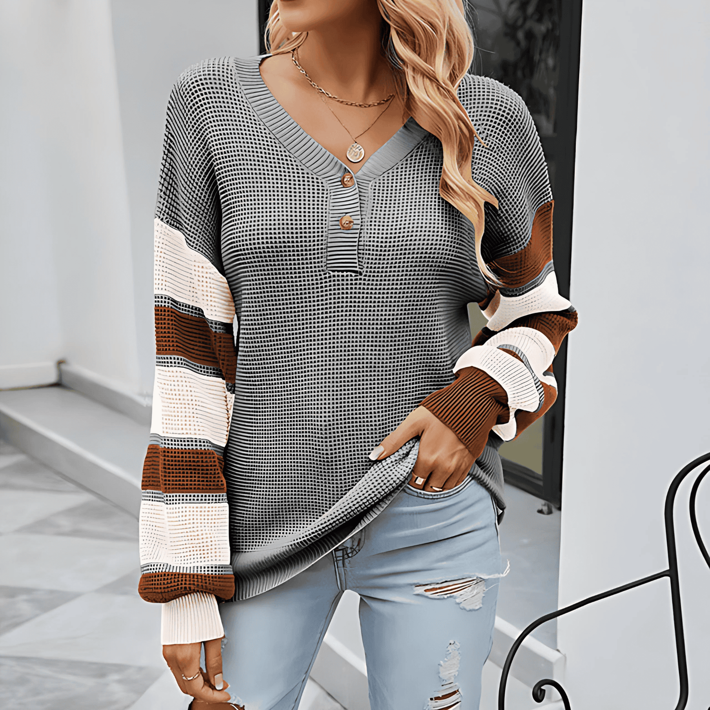 Jolietta - Maglione chic in maglia waffle a righe con maniche lunghe