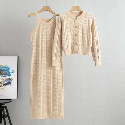 Zianna - Elegante Completo con Abito e Cardigan in Maglia Geometrica