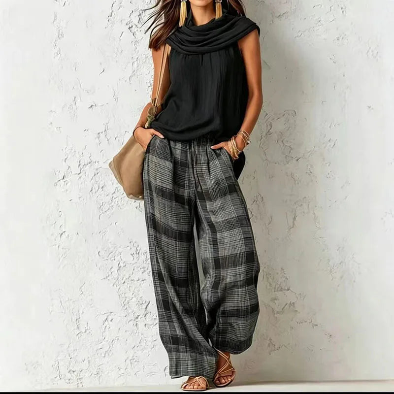 Completo in Lino da Donna con Top Senza Maniche e Pantaloni a Gamba Larga