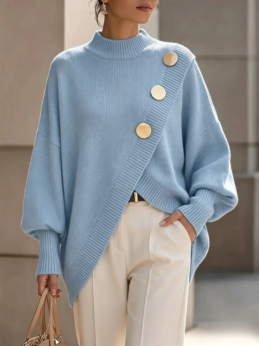 Maglione da Donna con Scollo Girocollo e Bottoni Decorativi