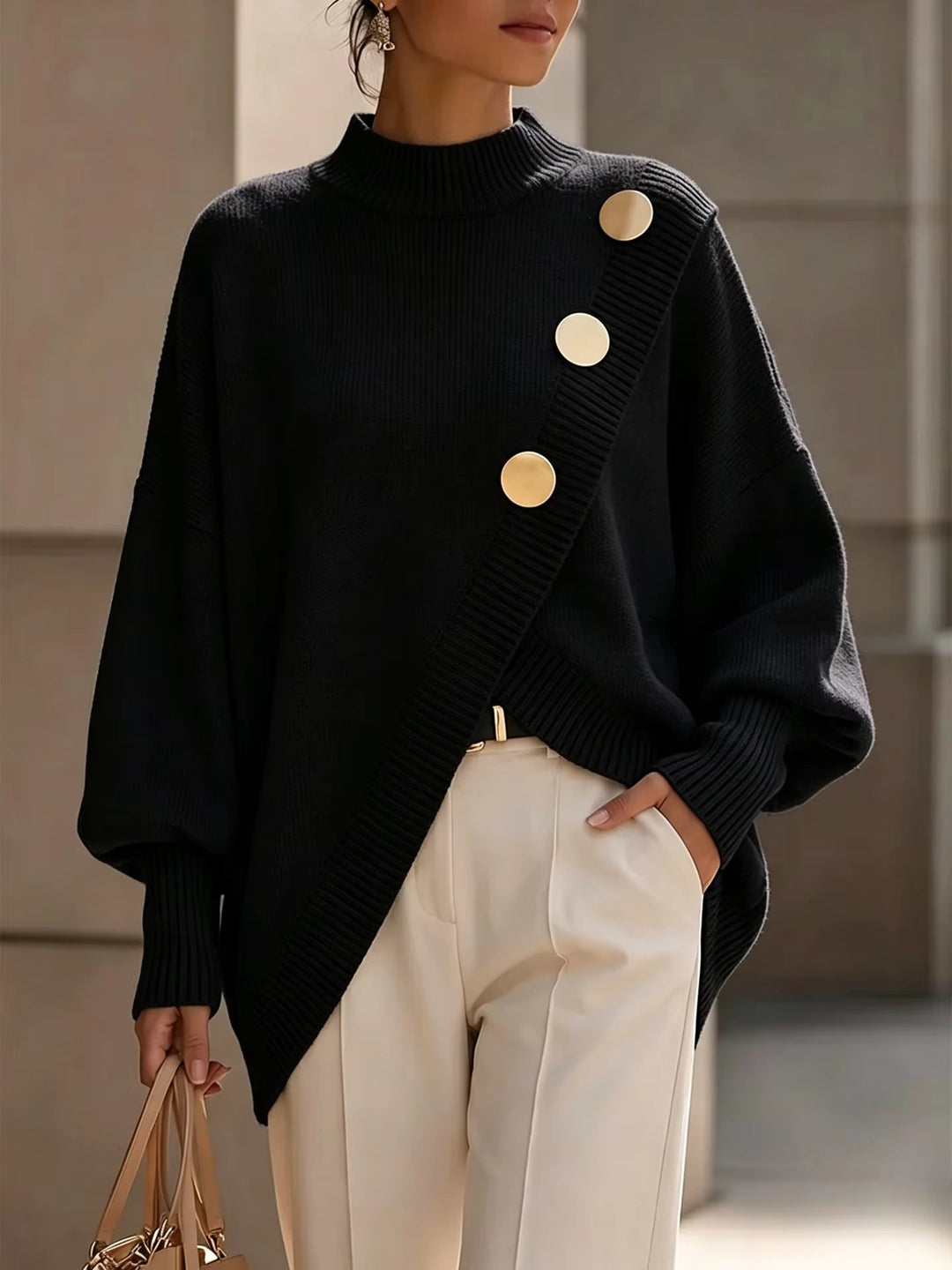 Maglione da Donna con Scollo Girocollo e Bottoni Decorativi