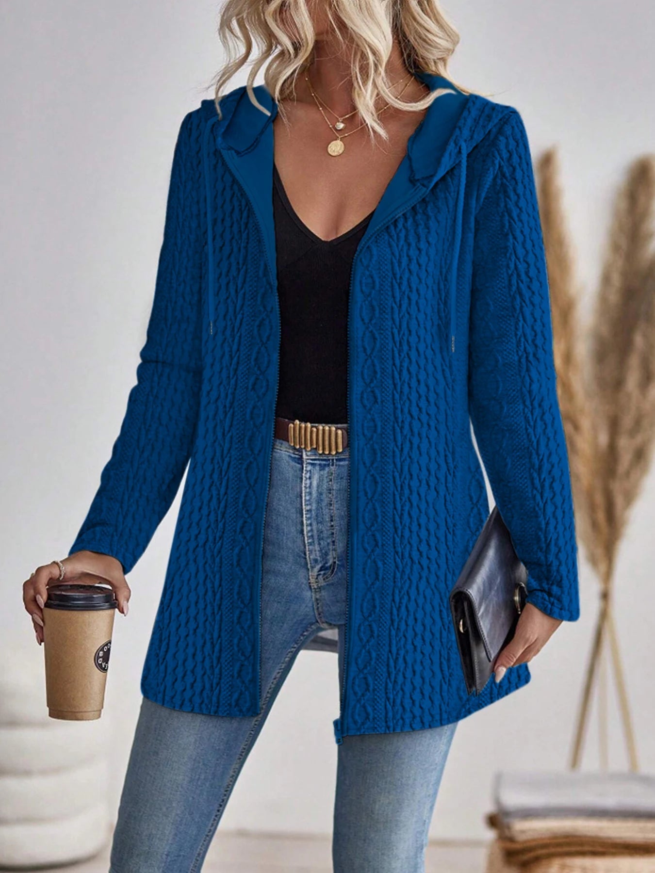 Uliana - Cardigan casual con cappuccio, zip e lavorazione a trecce