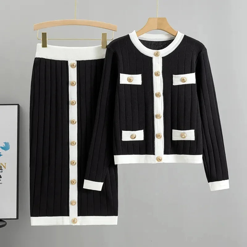 Charilyn - Set Cardigan Morbido con Bottoni e Gonna