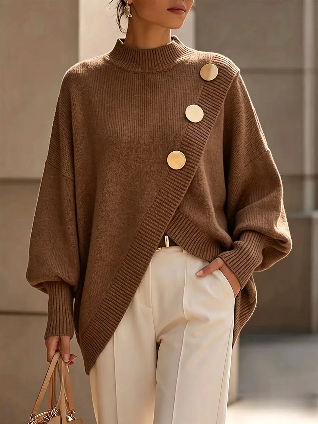 Maglione da Donna con Scollo Girocollo e Bottoni Decorativi