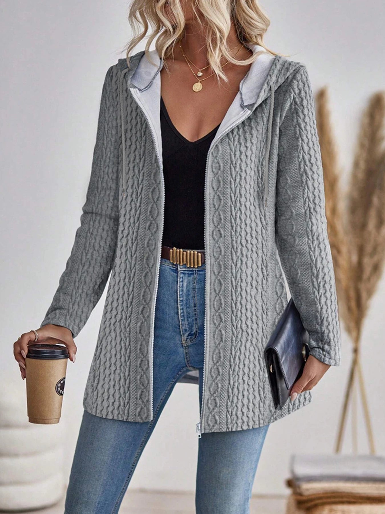 Uliana - Cardigan casual con cappuccio, zip e lavorazione a trecce