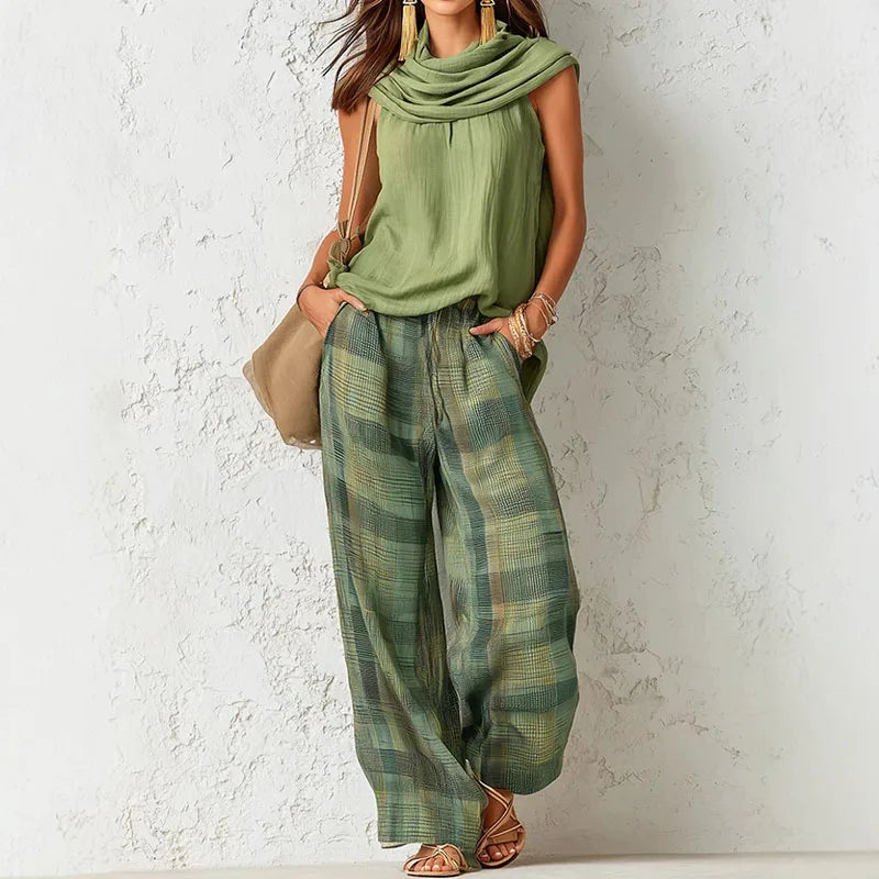 Completo in Lino da Donna con Top Senza Maniche e Pantaloni a Gamba Larga