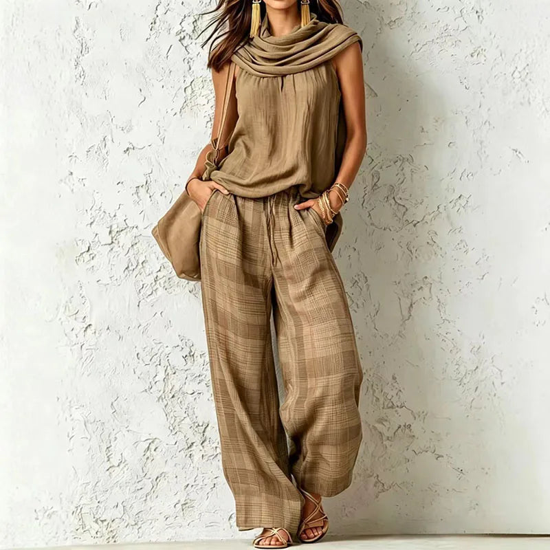 Completo in Lino da Donna con Top Senza Maniche e Pantaloni a Gamba Larga