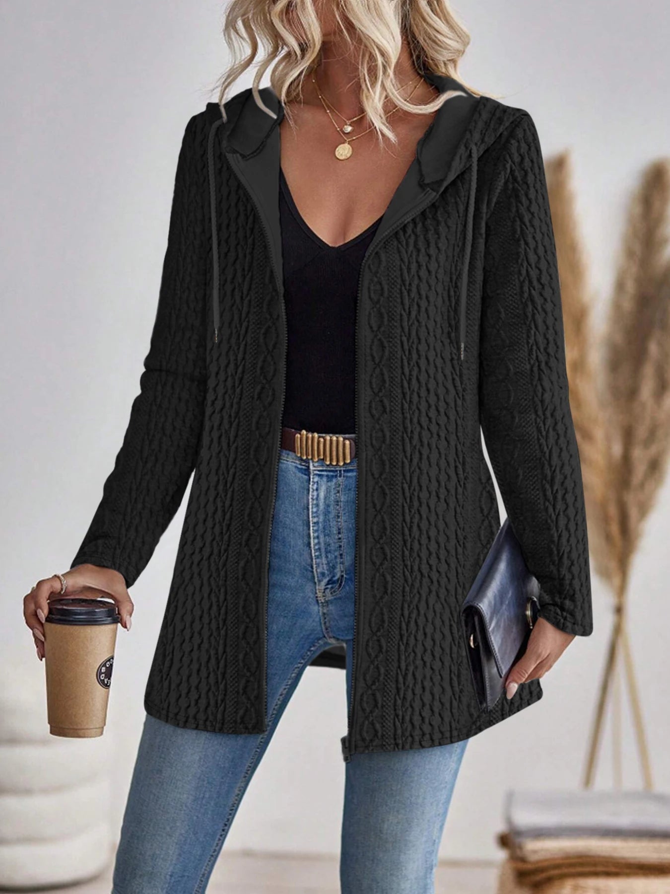 Uliana - Cardigan casual con cappuccio, zip e lavorazione a trecce