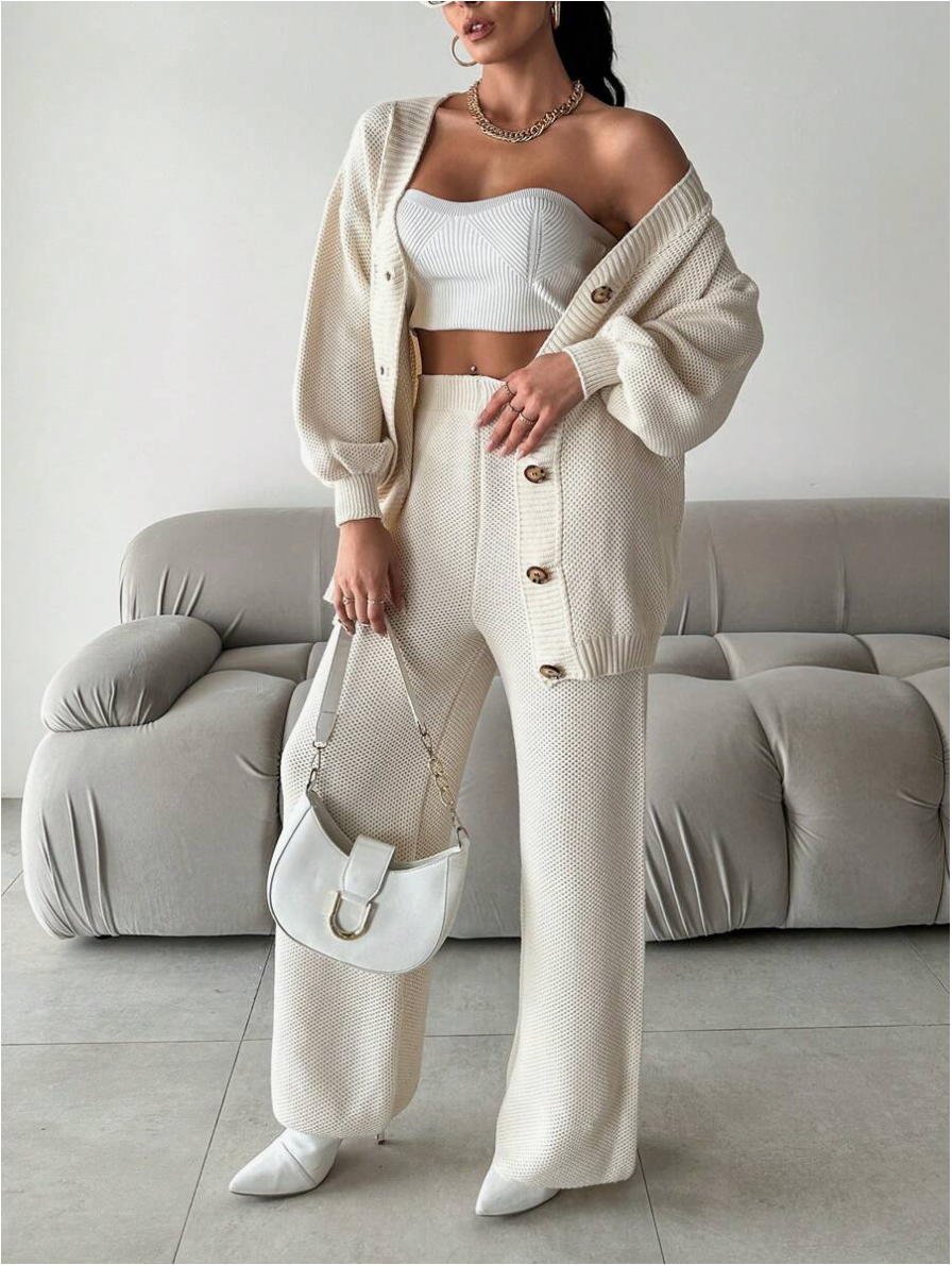 Cirilla - Set cardigan e pantaloni in maglia con scollo a V, comodo e morbido