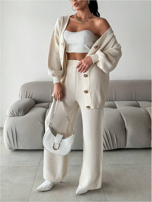 Cirilla - Set cardigan e pantaloni in maglia con scollo a V, comodo e morbido