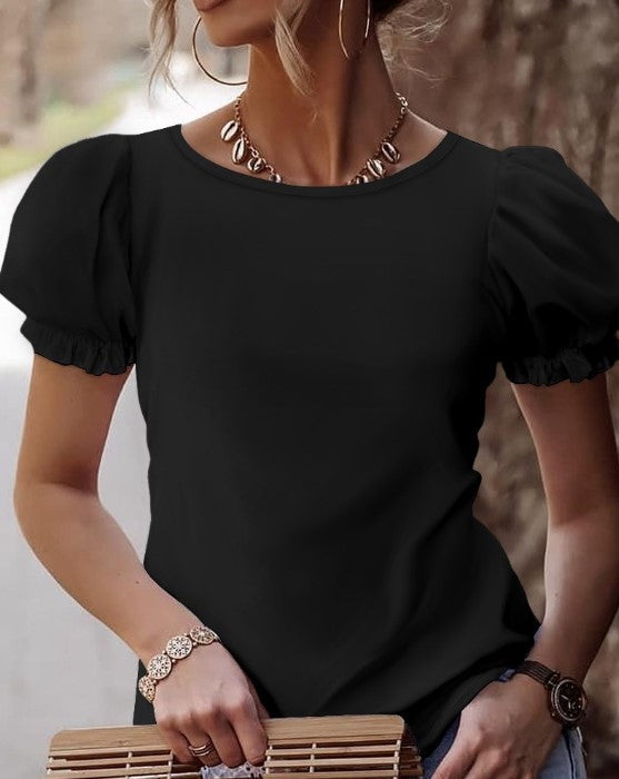 Lheanna - Elegante maglietta con maniche a sbuffo e pizzo sul retro
