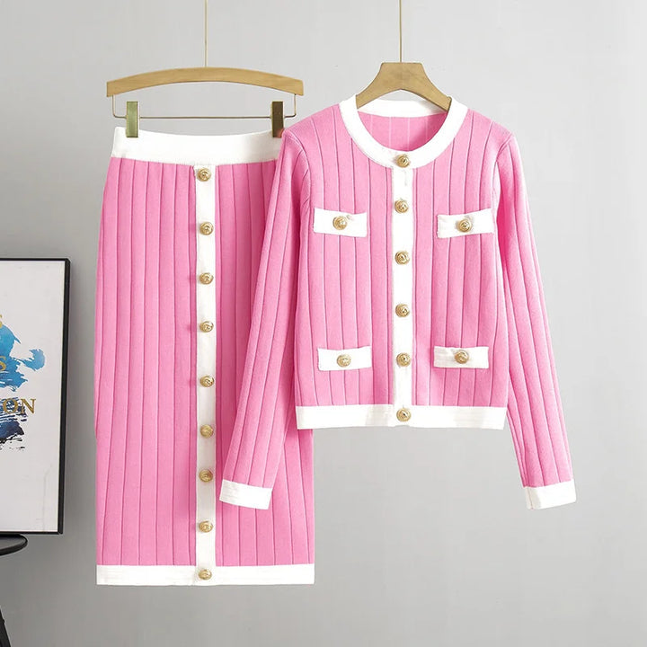 Charilyn - Set Cardigan Morbido con Bottoni e Gonna