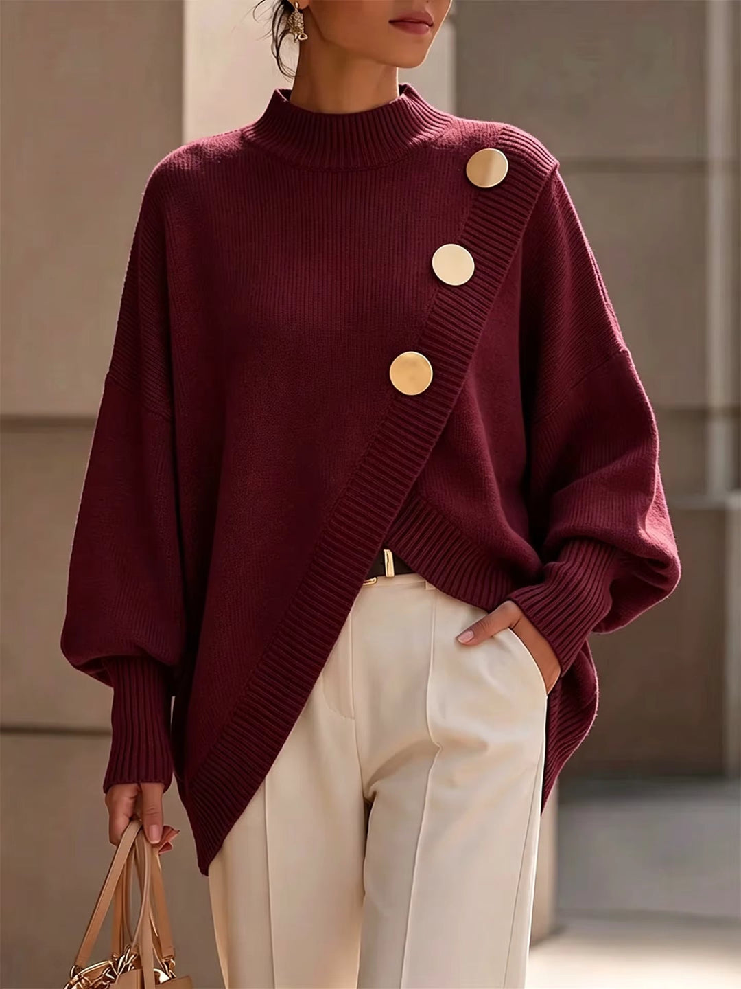 Maglione da Donna con Scollo Girocollo e Bottoni Decorativi