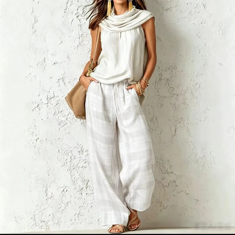 Completo in Lino da Donna con Top Senza Maniche e Pantaloni a Gamba Larga