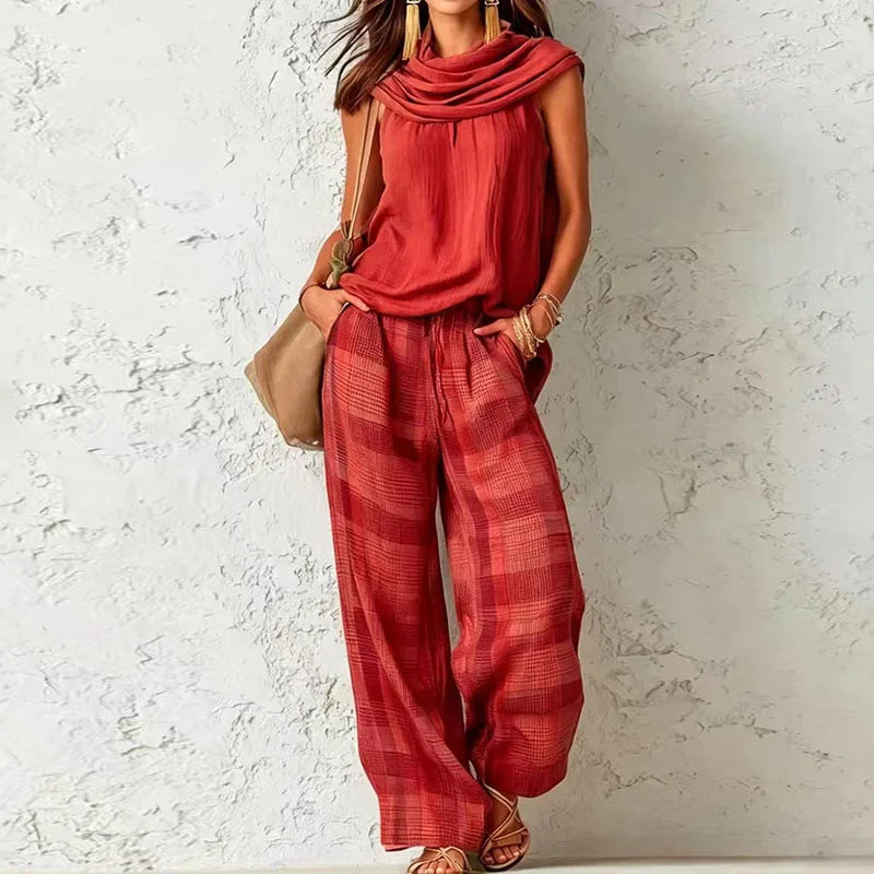 Completo in Lino da Donna con Top Senza Maniche e Pantaloni a Gamba Larga