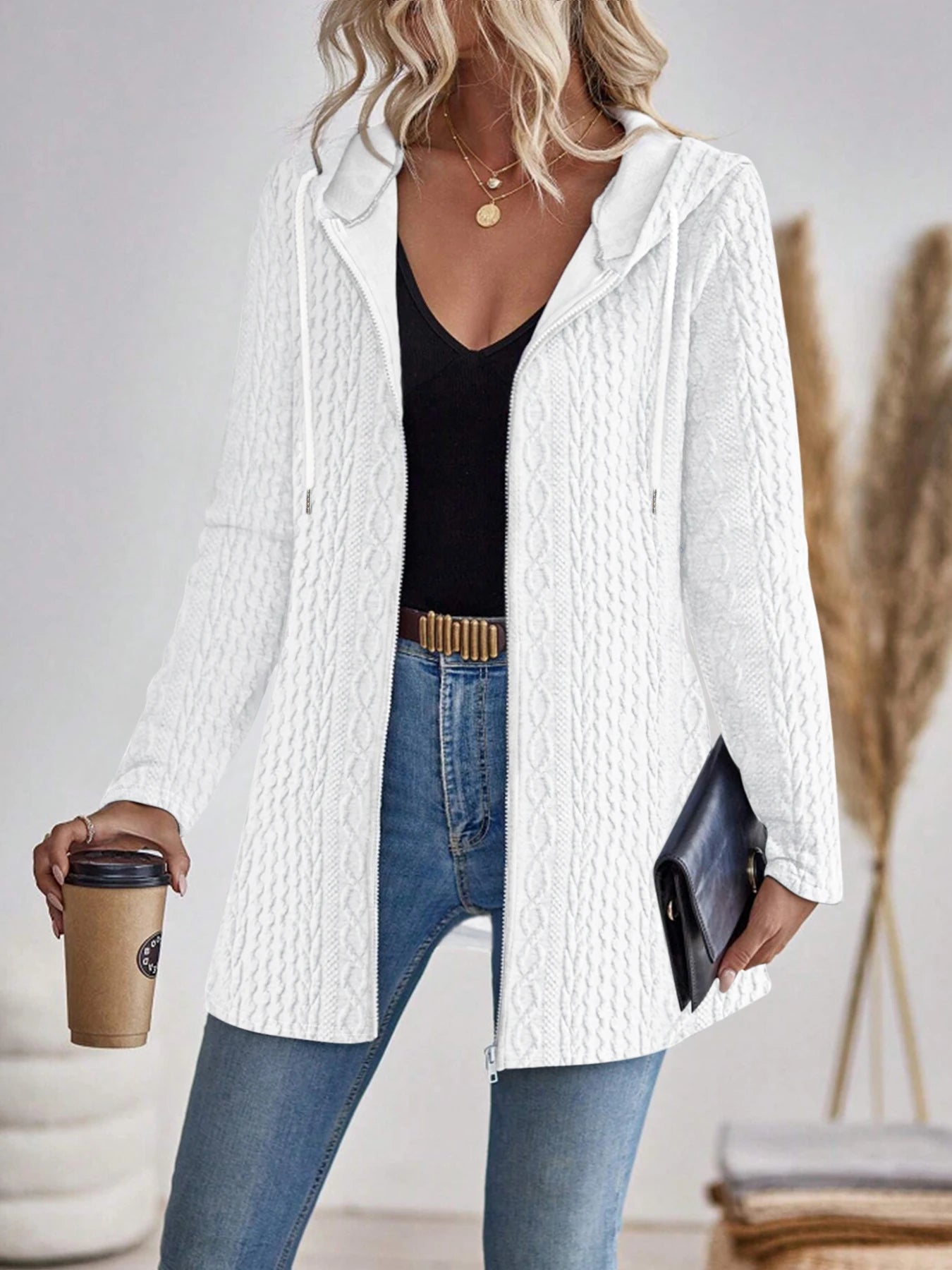 Uliana - Cardigan casual con cappuccio, zip e lavorazione a trecce