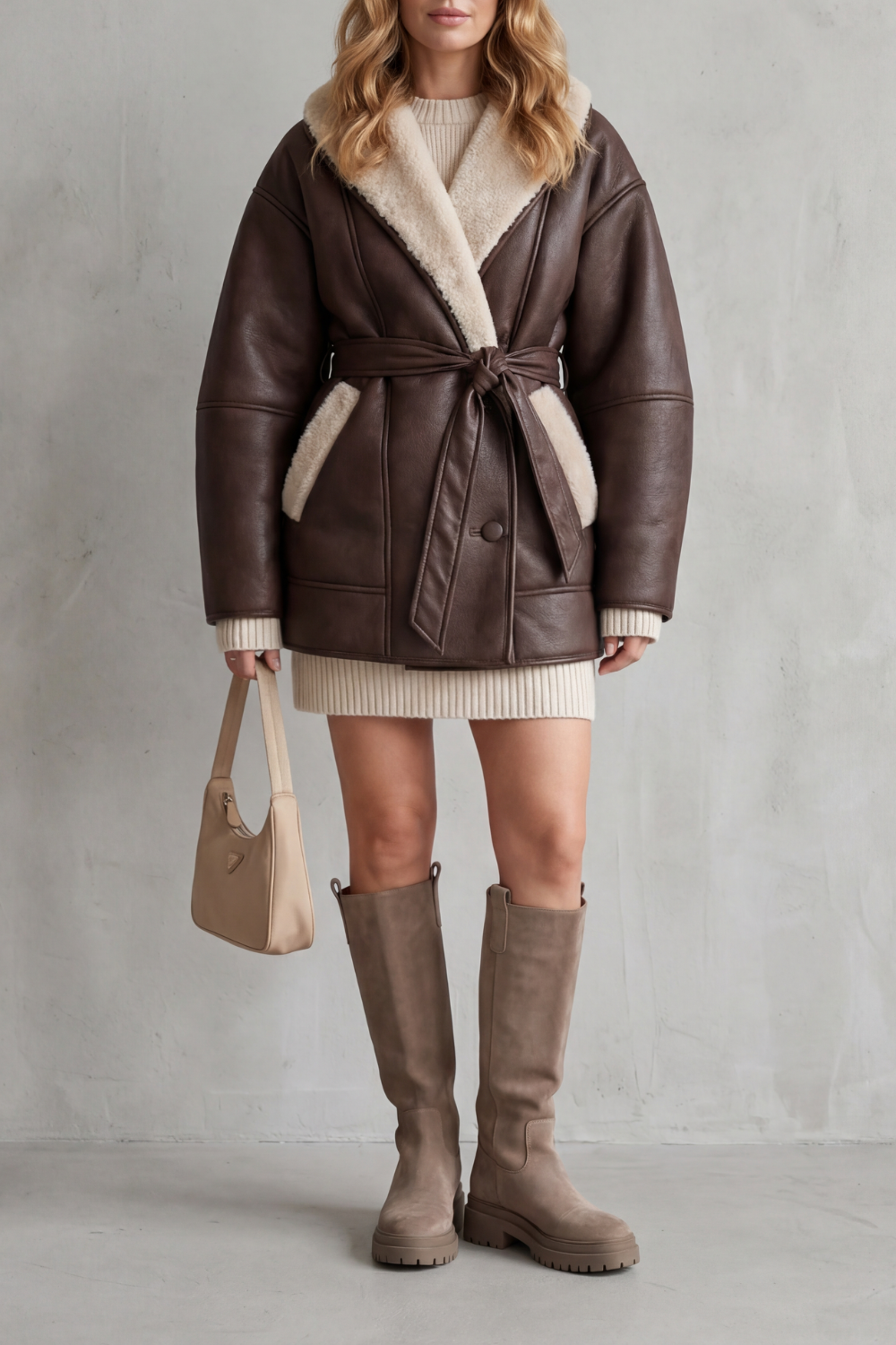 Cappotto Oversize da Donna in Pelle con Fodera Sherpa