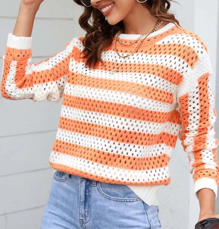 Izabel - Maglione chic a righe in maglia con dettagli traforati