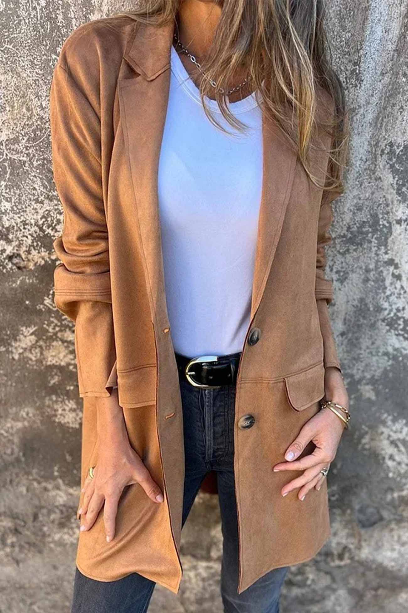 Rhianne - Giacca casual in finta pelle scamosciata con bottoni e colletto
