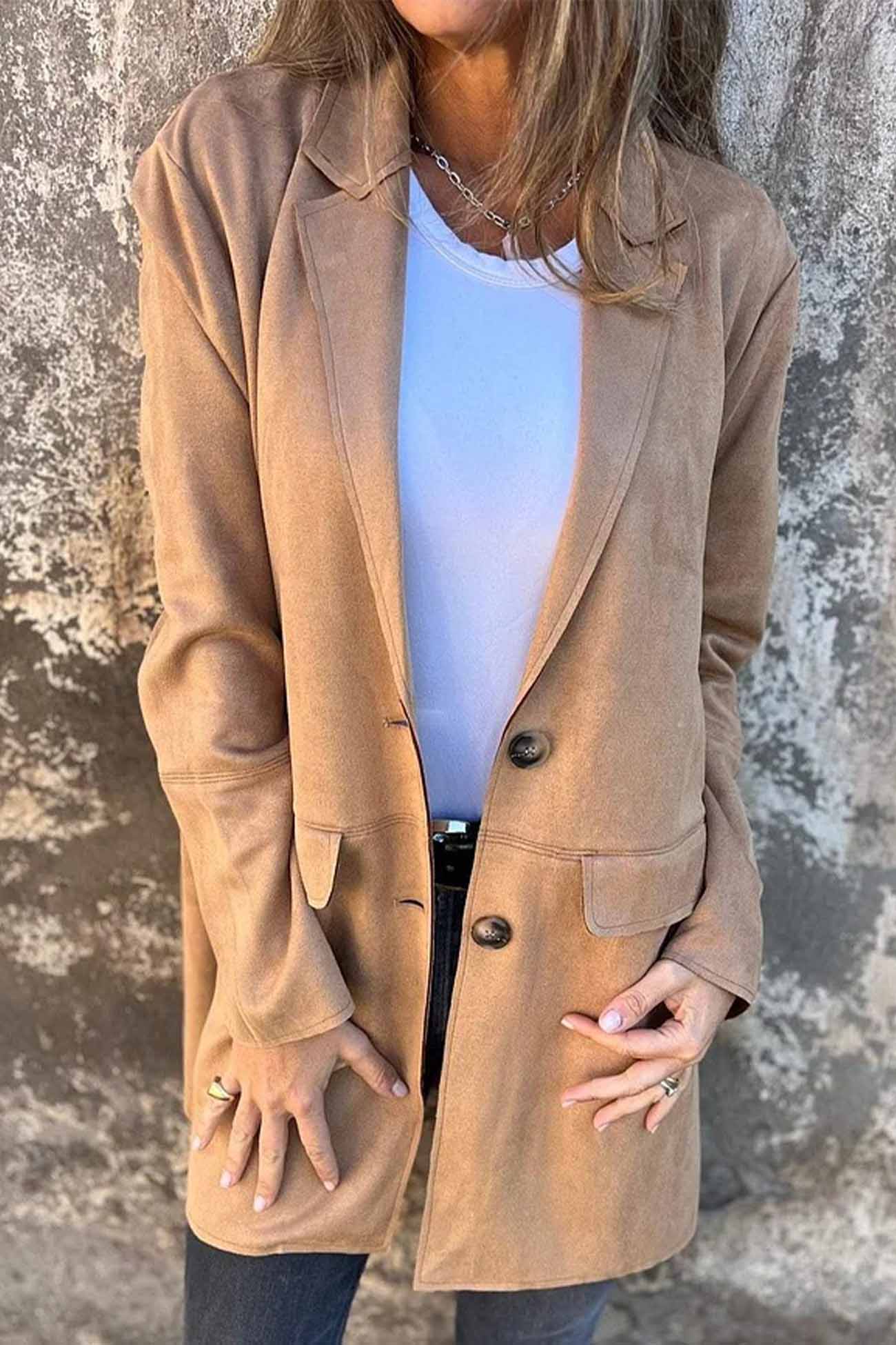 Rhianne - Giacca casual in finta pelle scamosciata con bottoni e colletto