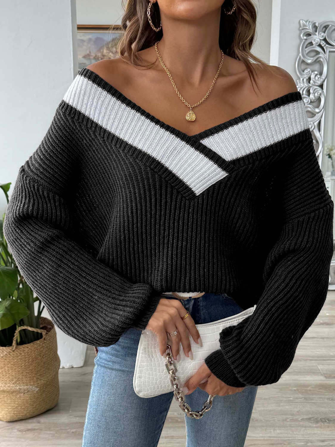Pearlene - Elegante maglione largo a maniche lunghe con contrasto
