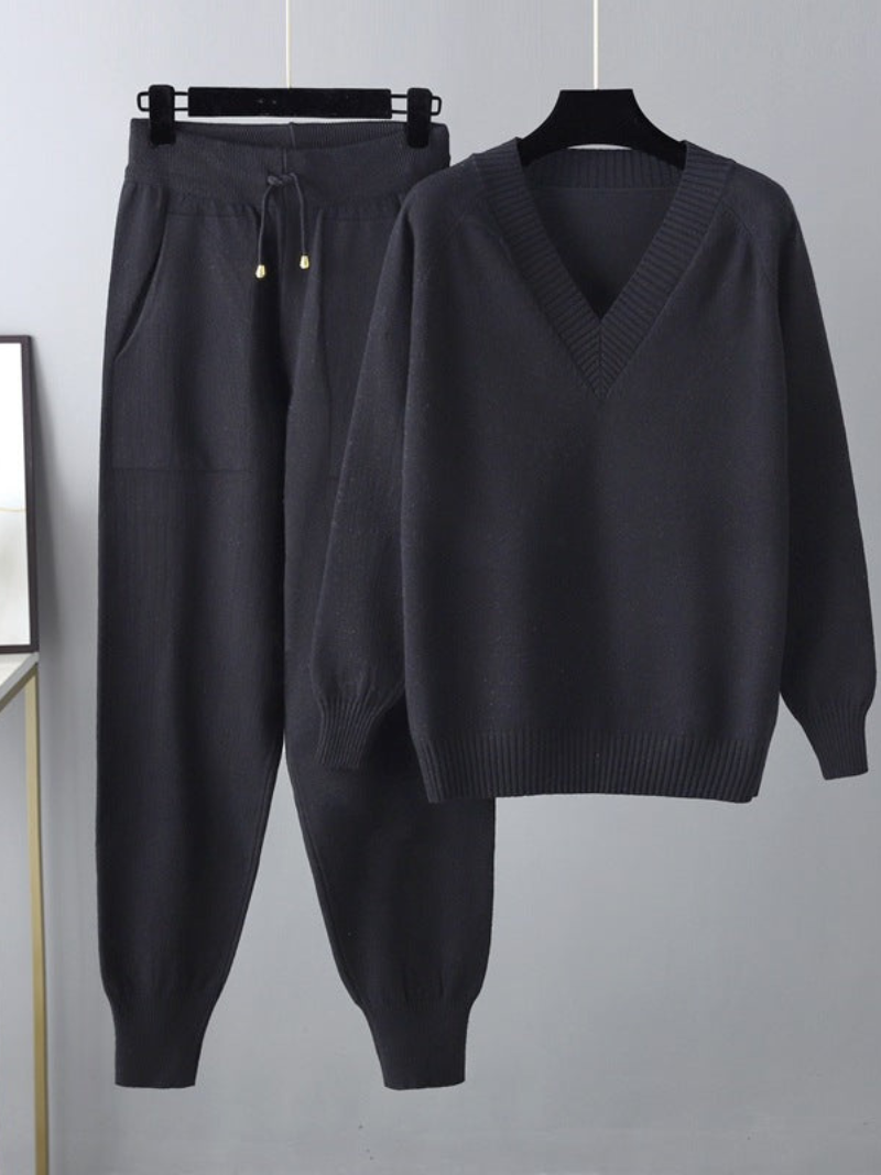 Zelvina - Set elegante composto da maglione caldo con scollo a V e pantaloni