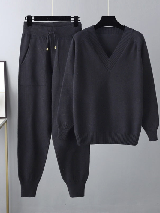 Zelvina - Set elegante composto da maglione caldo con scollo a V e pantaloni
