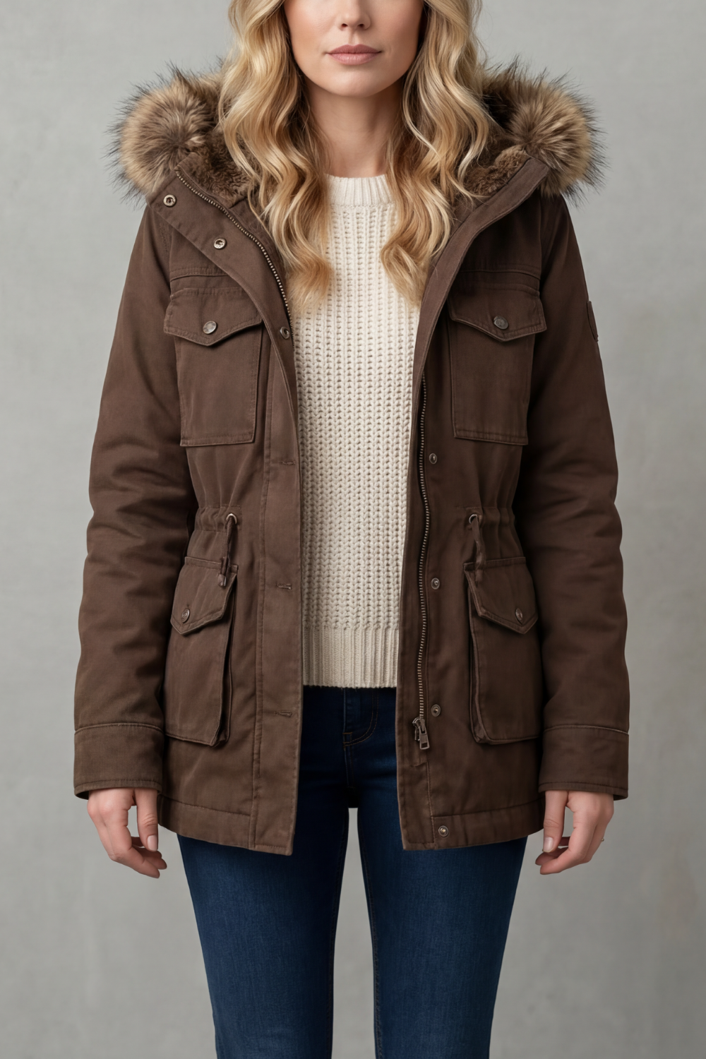 Parka Invernale da Donna con Cappuccio Bordato in Pelliccia