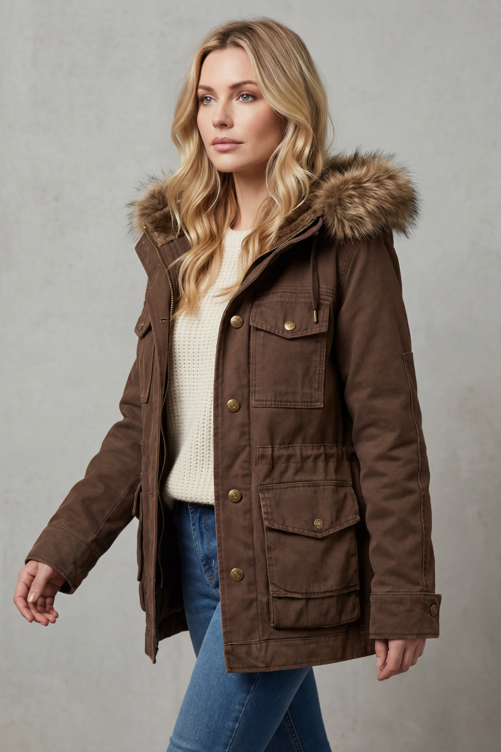Parka Invernale da Donna con Cappuccio Bordato in Pelliccia