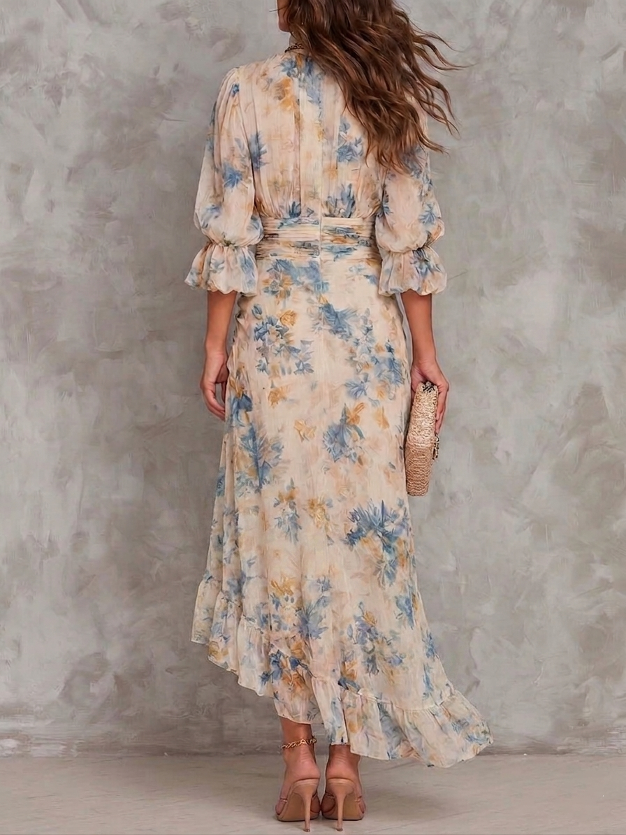 Abito Maxi Floreale in Chiffon con Collo Alto da Donna
