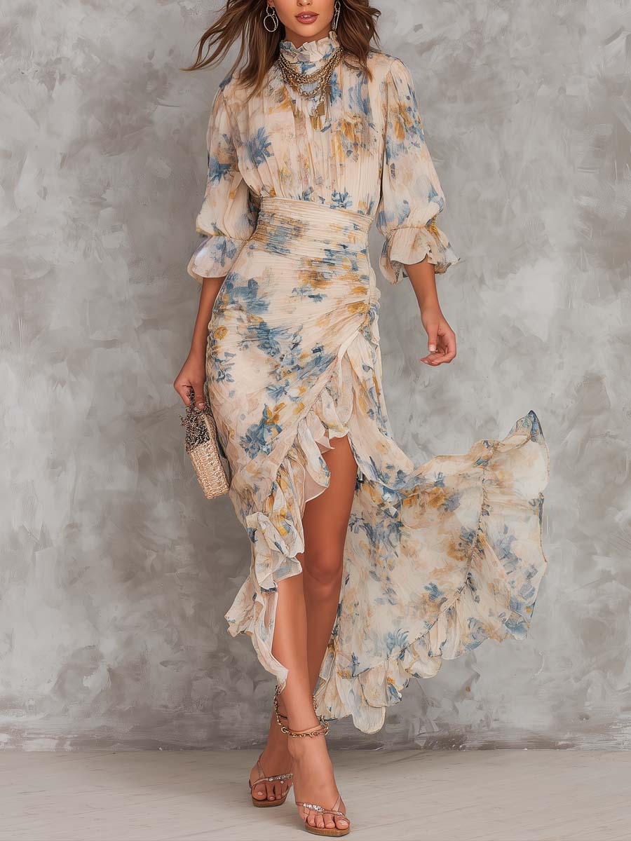 Abito Maxi Floreale in Chiffon con Collo Alto da Donna