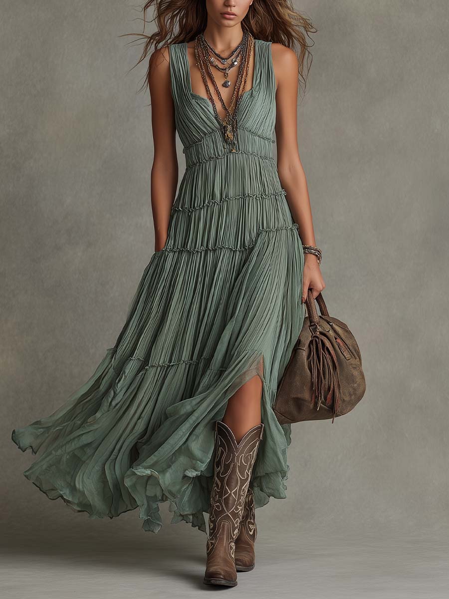 Elegante abito lungo e fluido senza maniche da donna
