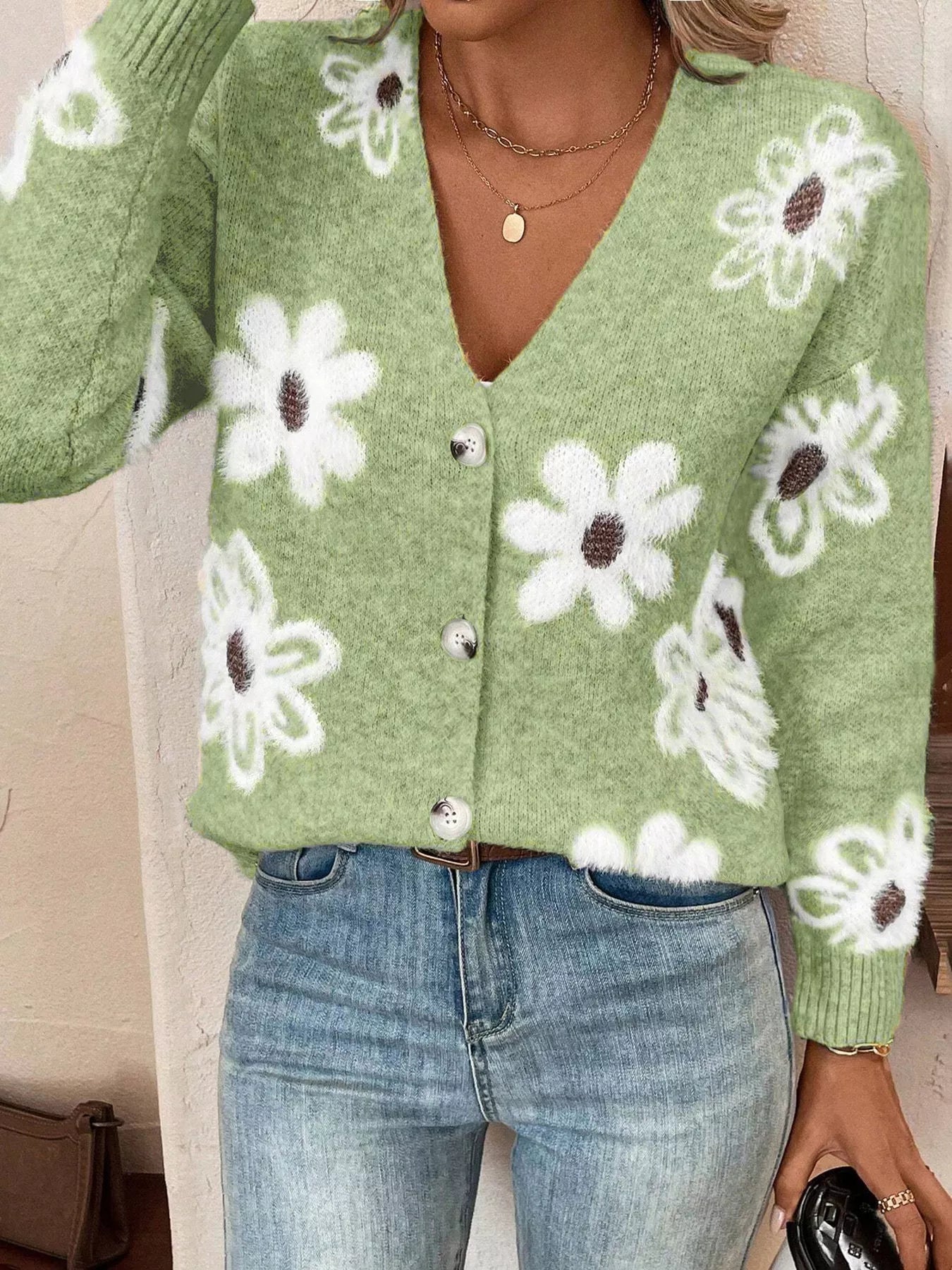 Nancie - Cardigan in maglia con stampa floreale e bottoni