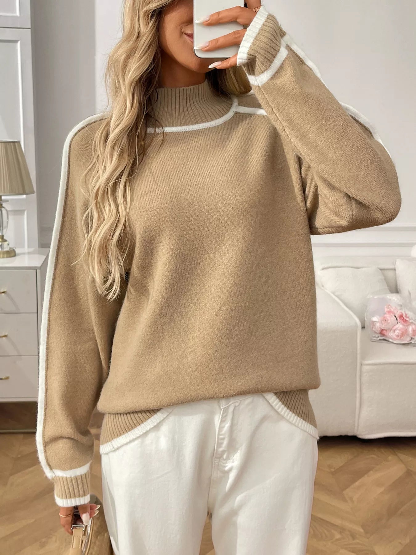 Adanna - Maglione elegante a maniche lunghe con collo alto e bordi a contrasto
