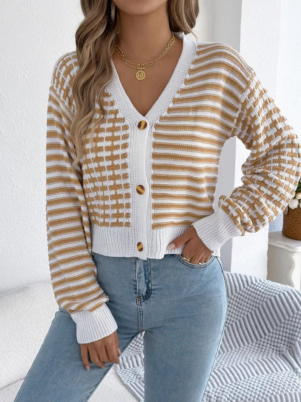 Arah - Cardigan corto chic a righe con bottoni