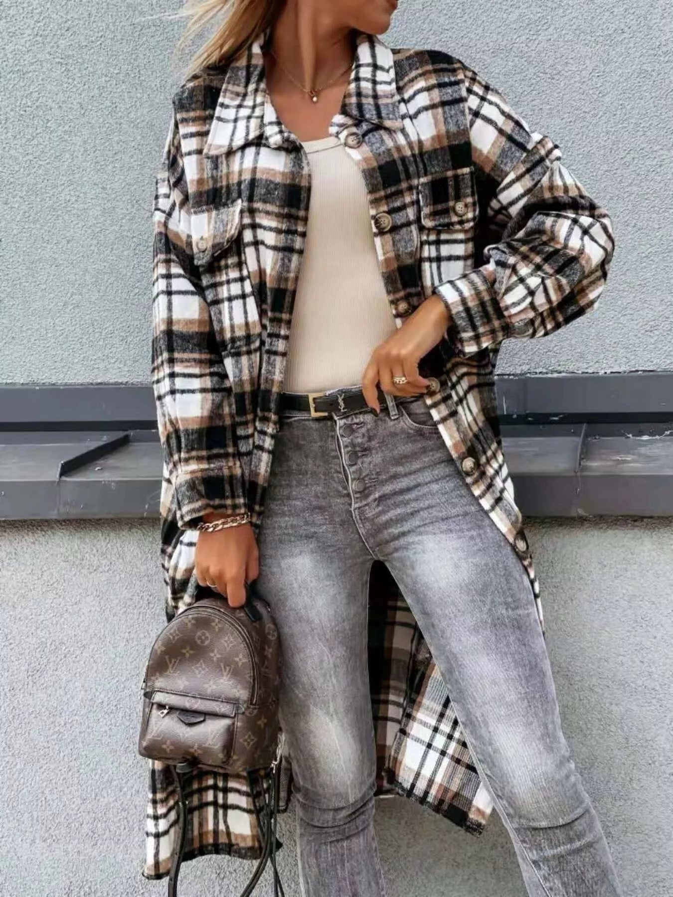 Valorie - Shacket lungo a quadri con bottoni e caldo comfort