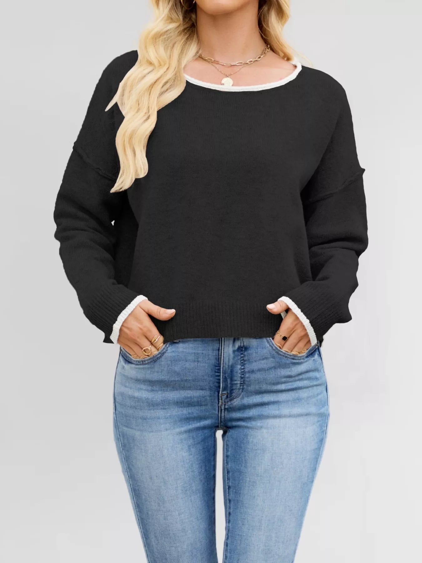 Waliyah - Maglione casual girocollo con spalle scese