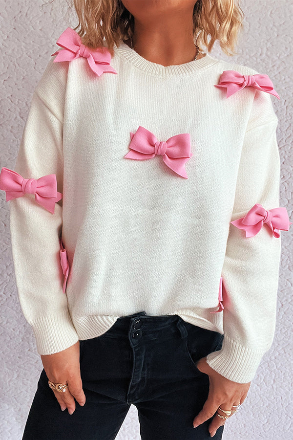 Frida - Elegante maglione a maglia con fiocco e scollo rotondo