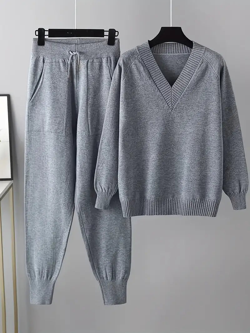 Zelvina - Set elegante composto da maglione caldo con scollo a V e pantaloni