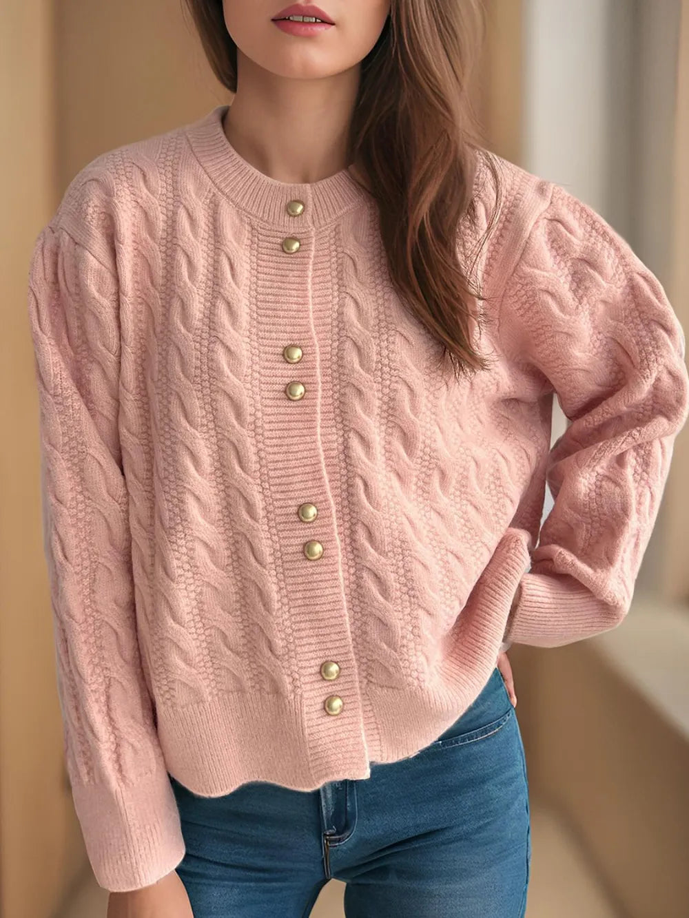 Natalya - Cardigan lungo a maniche lunghe in maglia a trecce morbido