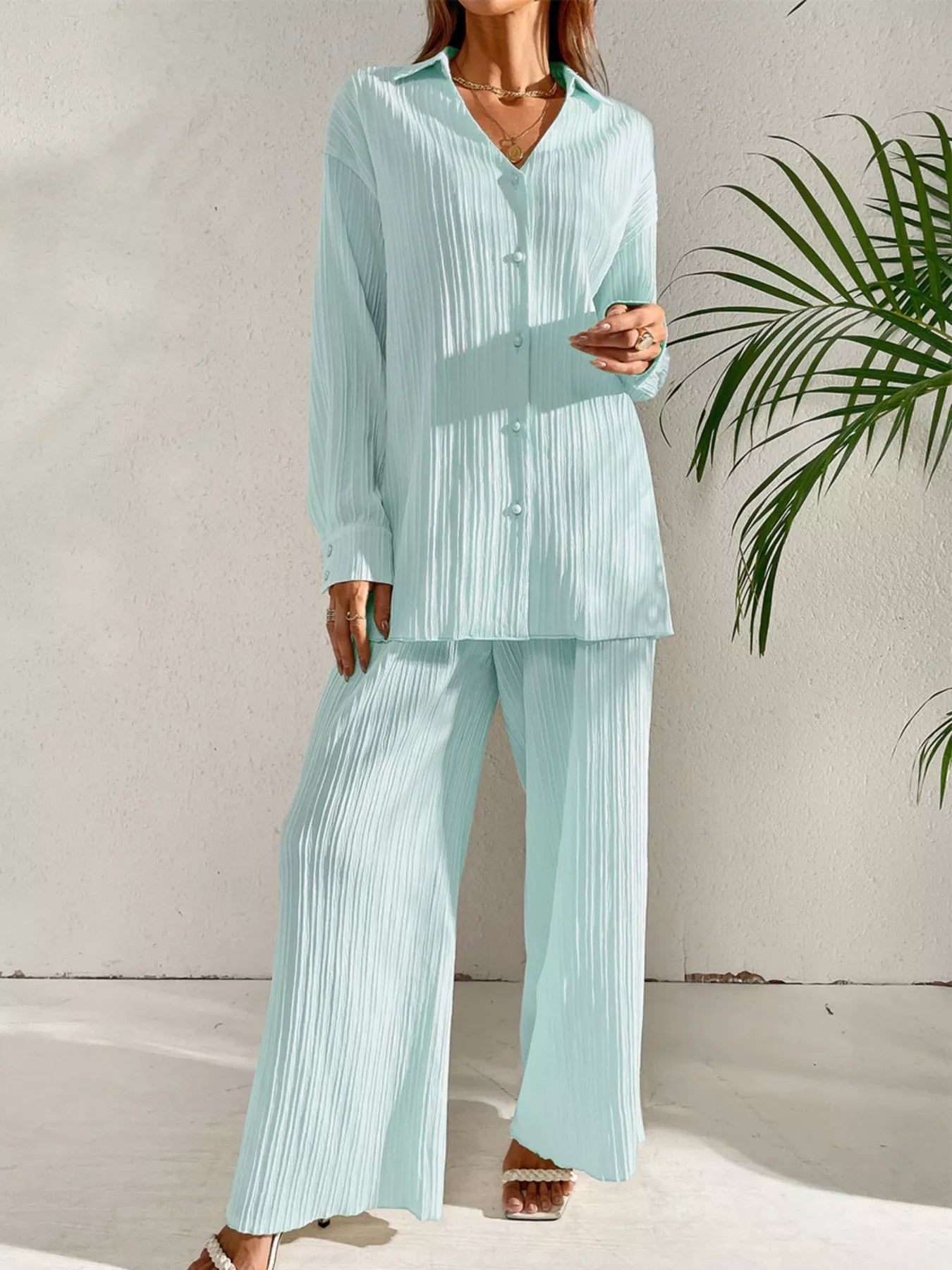 Jimmena - Set accogliente con camicia testurizzata a maniche lunghe e pantaloni a gamba larga