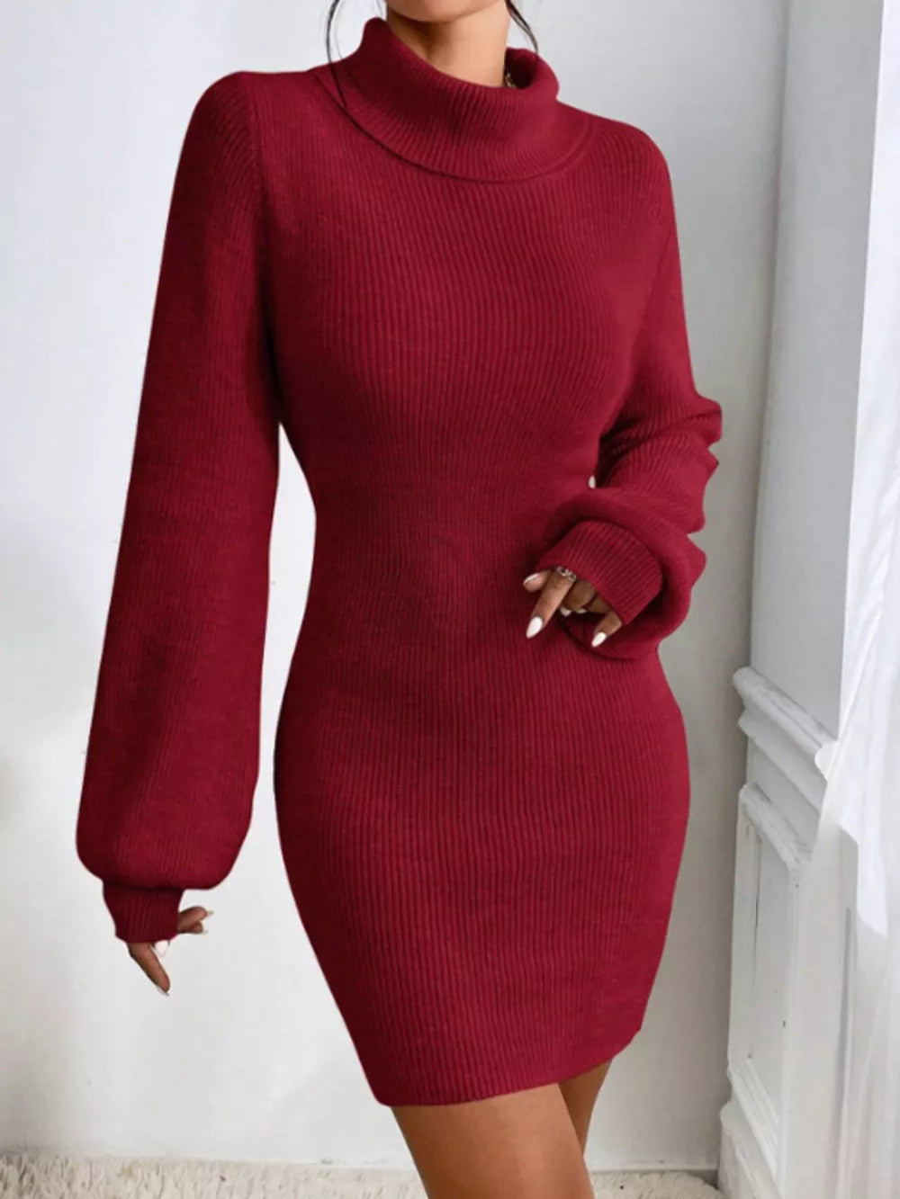 Ivanya - Abito maglia elegante a collo alto e trama a coste