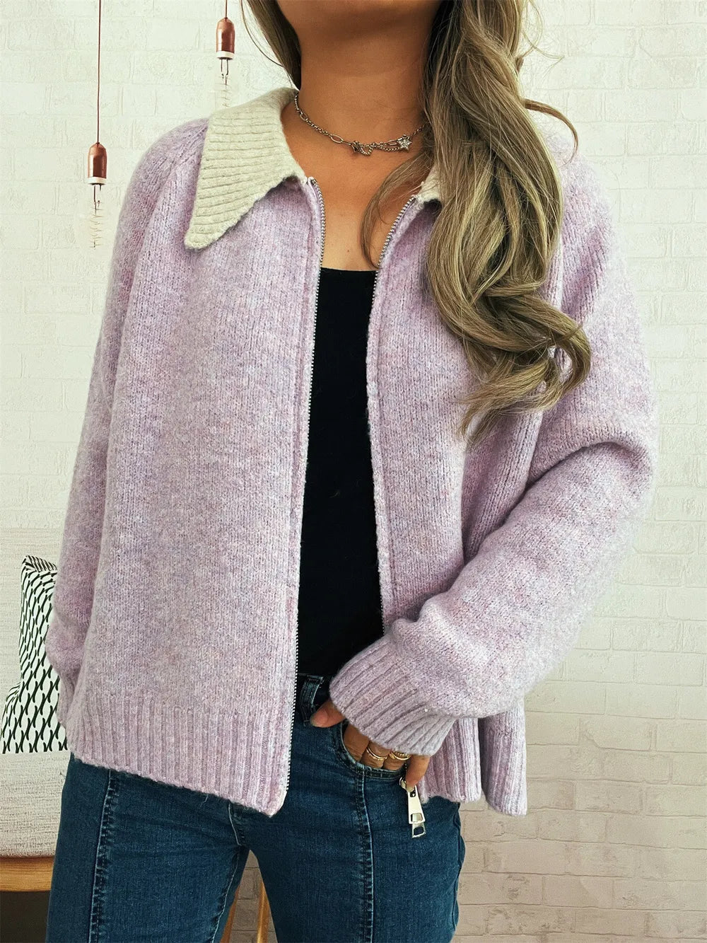 Zinaida - Cardigan con zip e collo a contrasto elegante