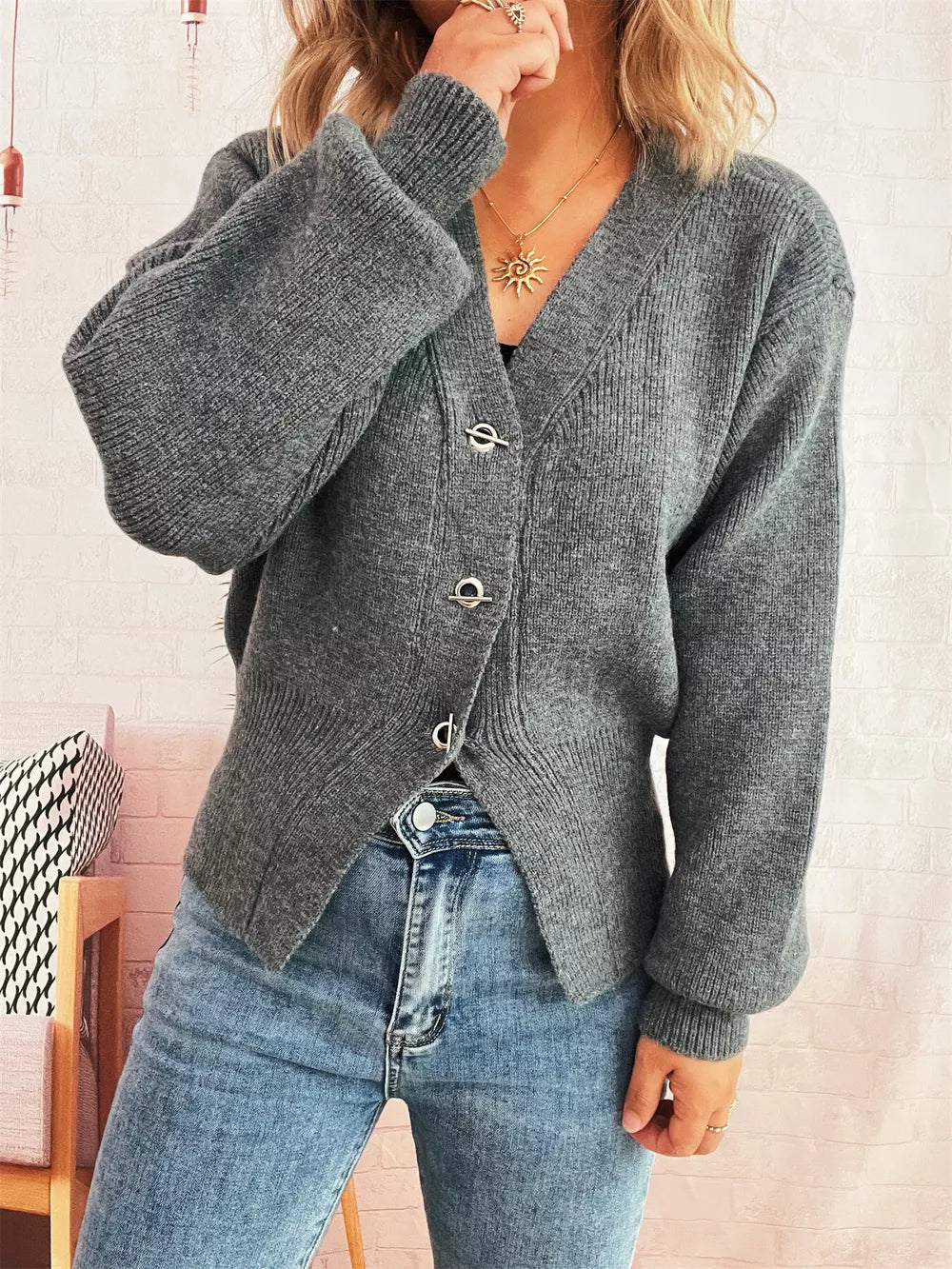 Michaela - Cardigan elegante a maniche lunghe in maglia costina con bottoni