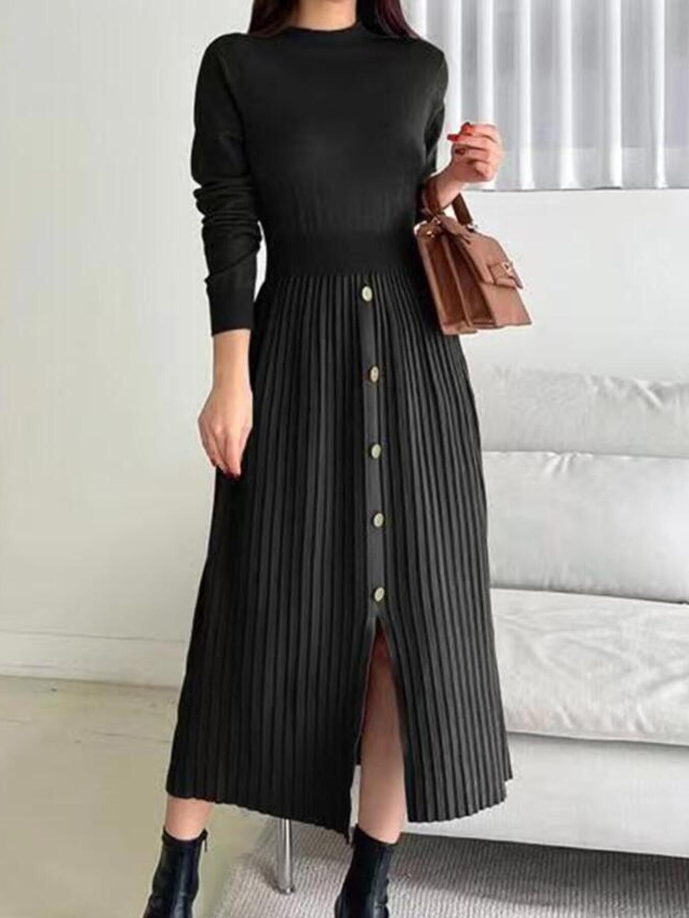 Sylvaine - Abito maglia elegante a collo alto con spacco frontale
