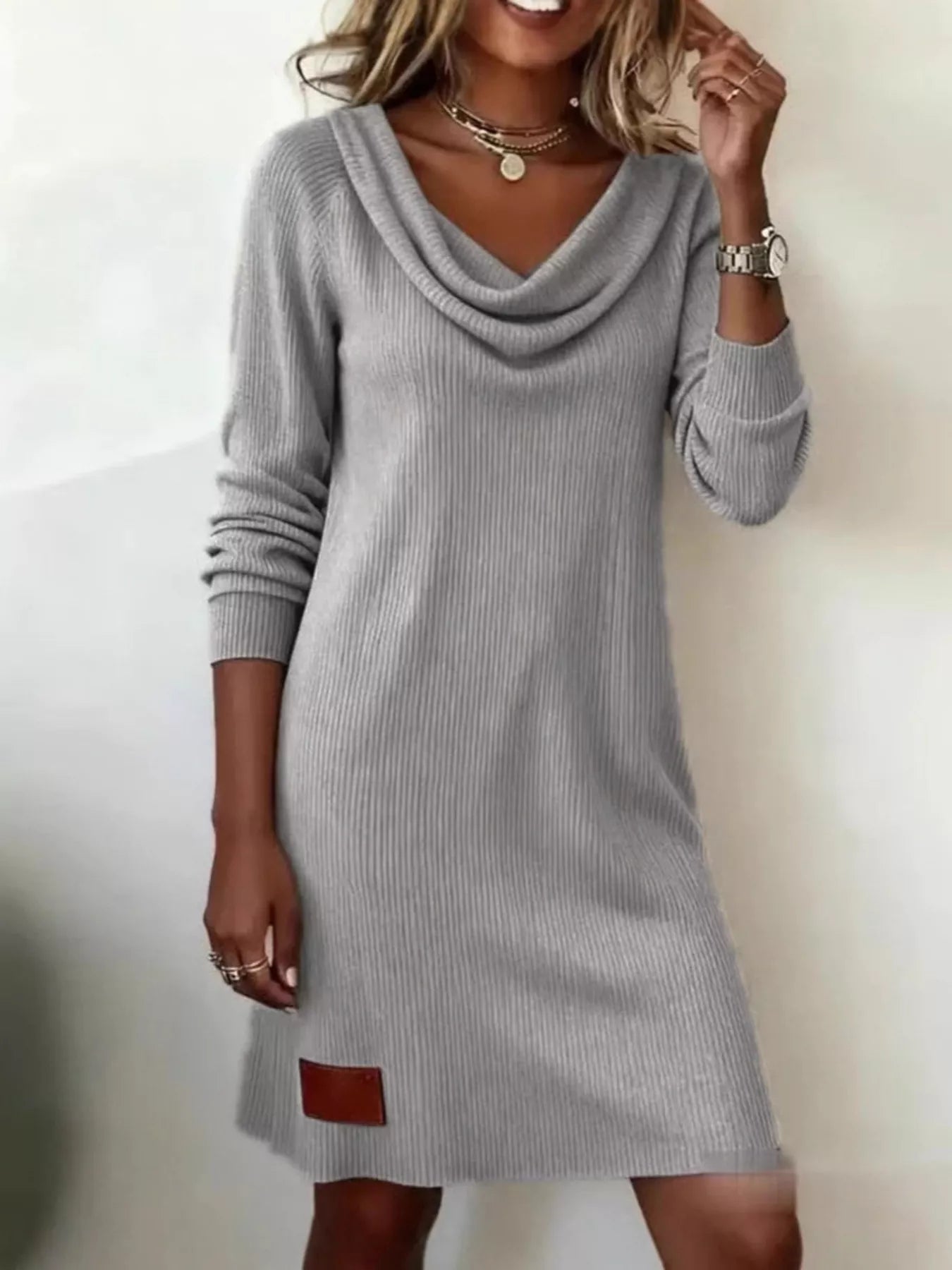 Aicelle - Abito mini casual in maglia a coste con collo morbido e maniche lunghe