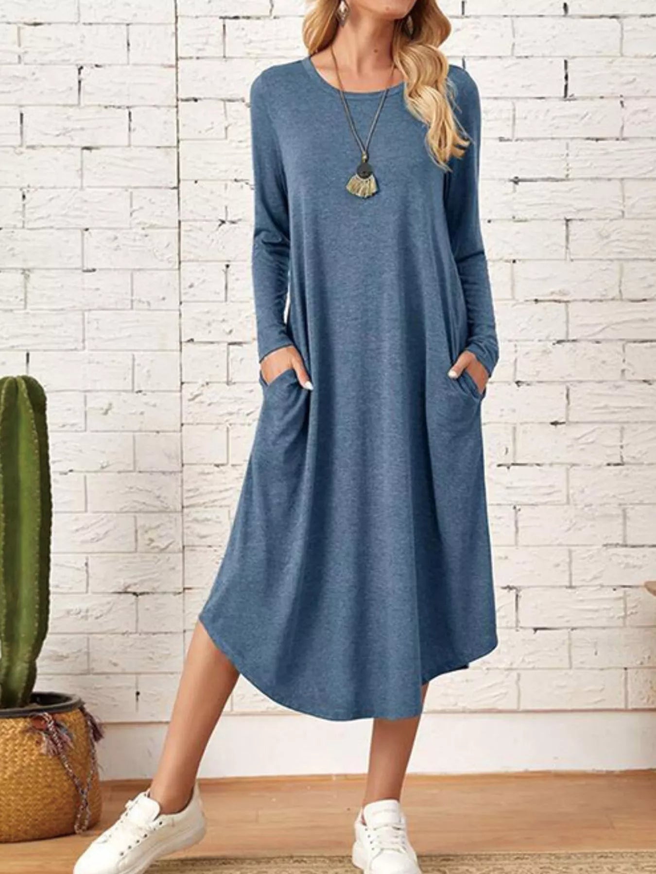 Livie - Abito midi casual a maniche lunghe con tasche