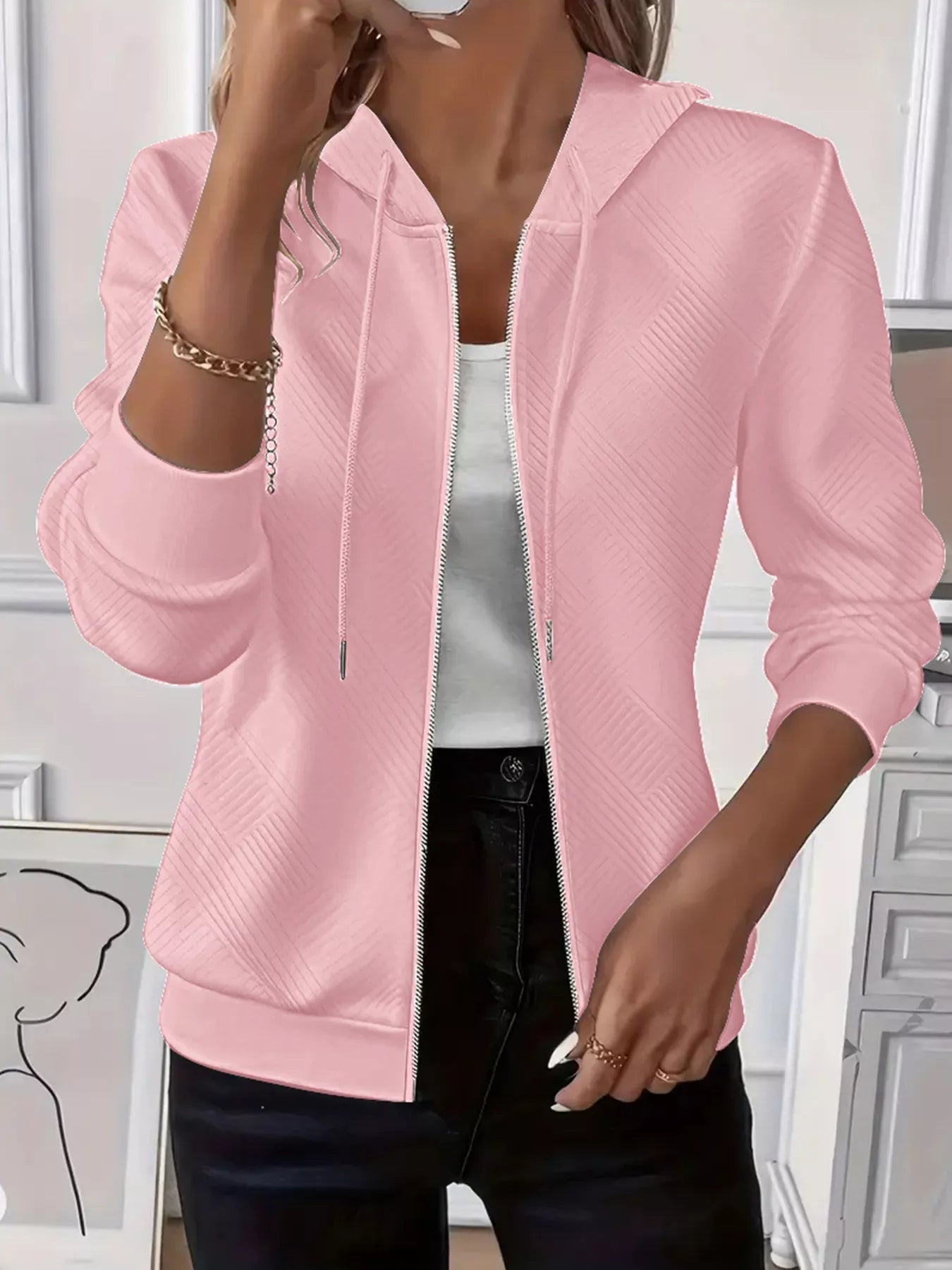 Daira - Cardigan casual in maglia con zip e coulisse sul cappuccio