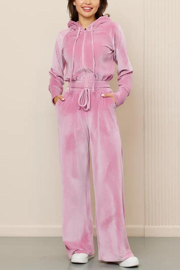 Daleyza - Set elegante in velluto con giacca corta con zip e pantaloni a gamba dritta